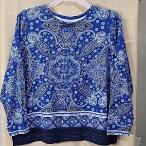 Talbots Women's 2X Plus Blue Paisley Medallion Cotton Blend Long Sleeve Tee